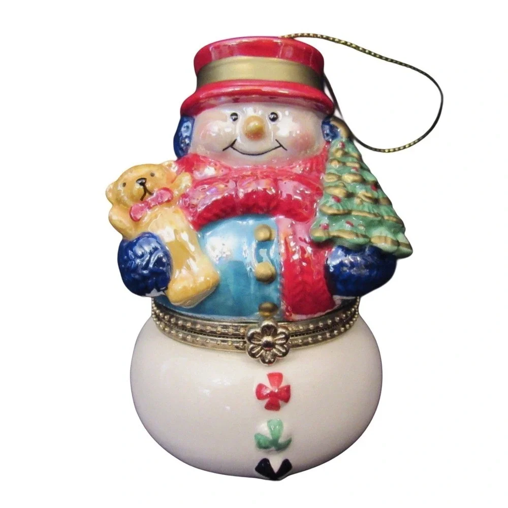 Snowman Music Box Christmas‎ Ornament w Teddy Bear Tree - Music Box Inoperabke